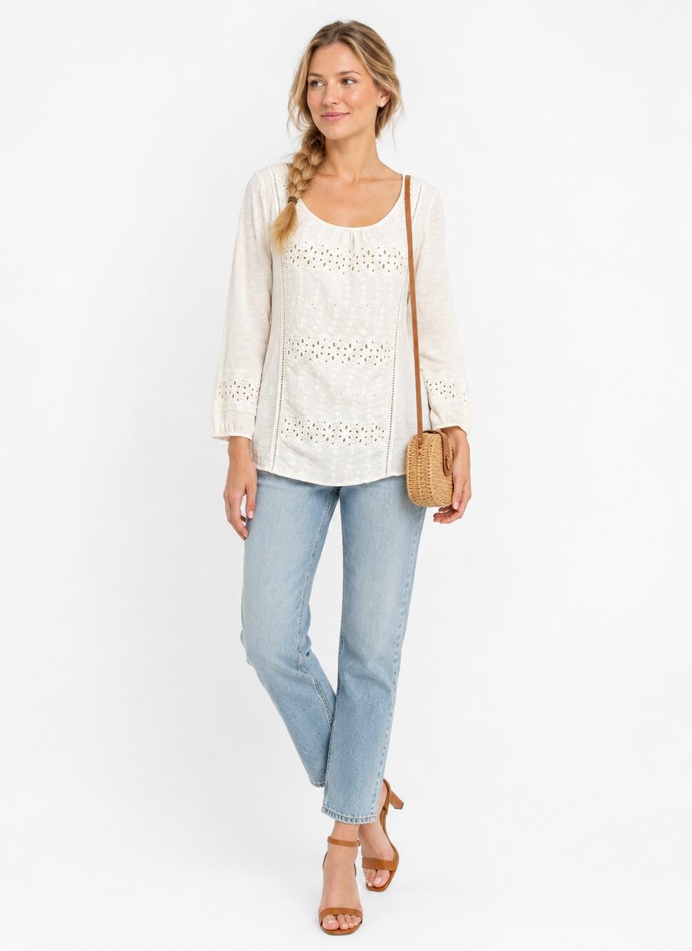 Lucky Brand Cream Embroidered Peasant Top Small 3/4 Sleeve Cotton Boho EUC